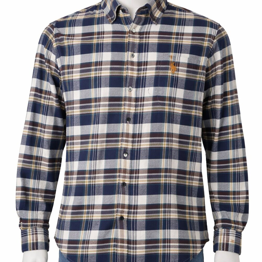 U.S. Polo Assn. Stretch Plaid Button Down Shirt XL Blue Brown Casual